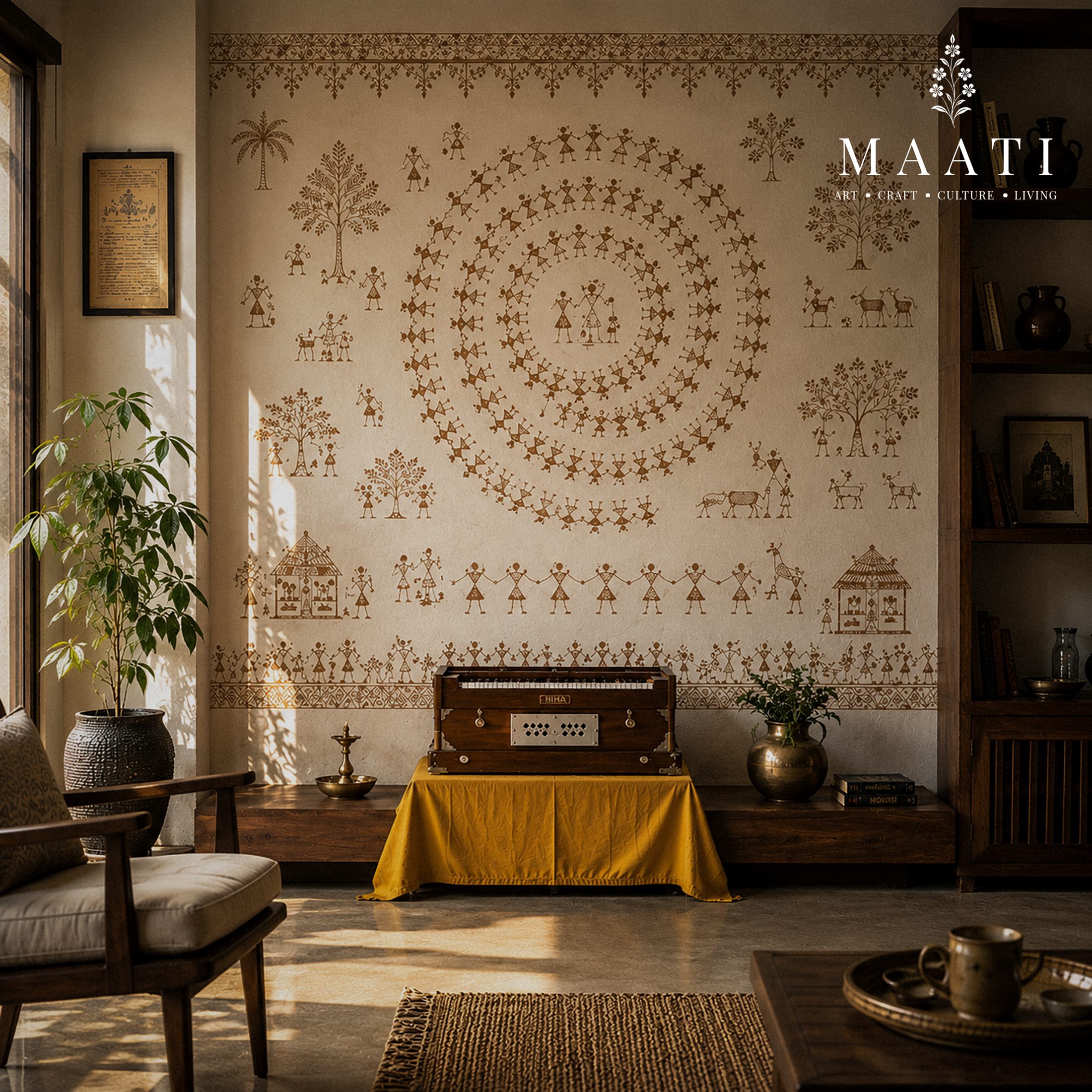 A room with a Warli mural, harmonium, plants, and afternoon light