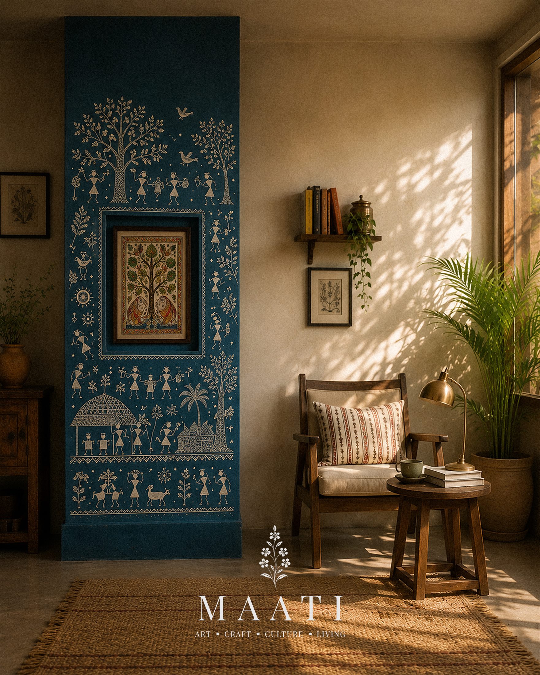 A sunlit room with a blue painted wall and framed folk artwork