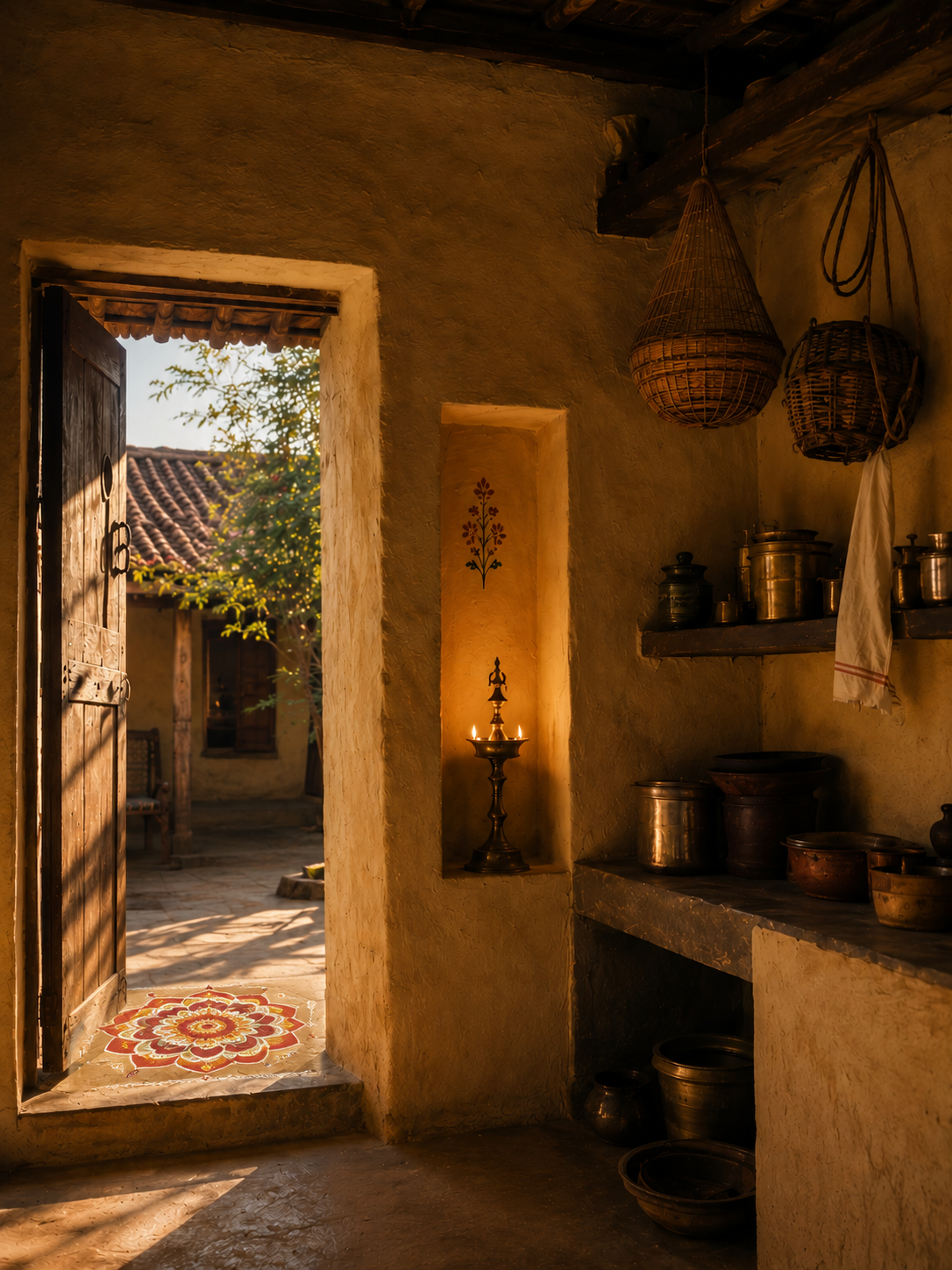 An earthen home threshold lit by warm afternoon light