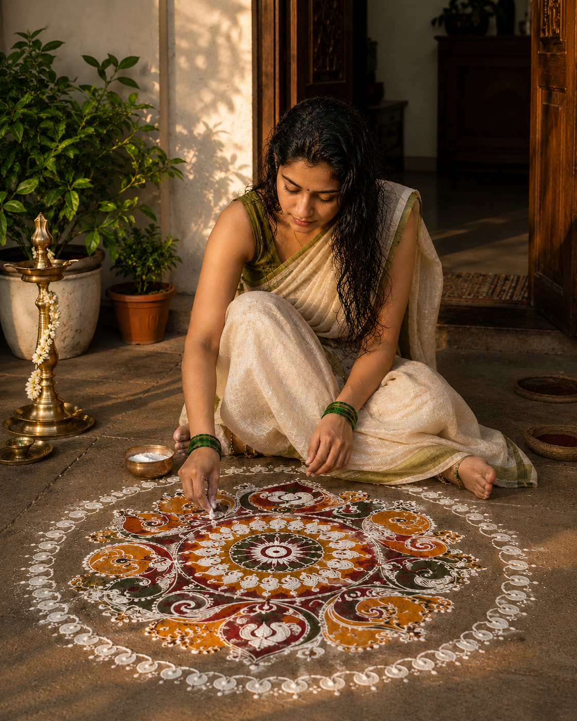 A woman making a rangoli in warm morning light