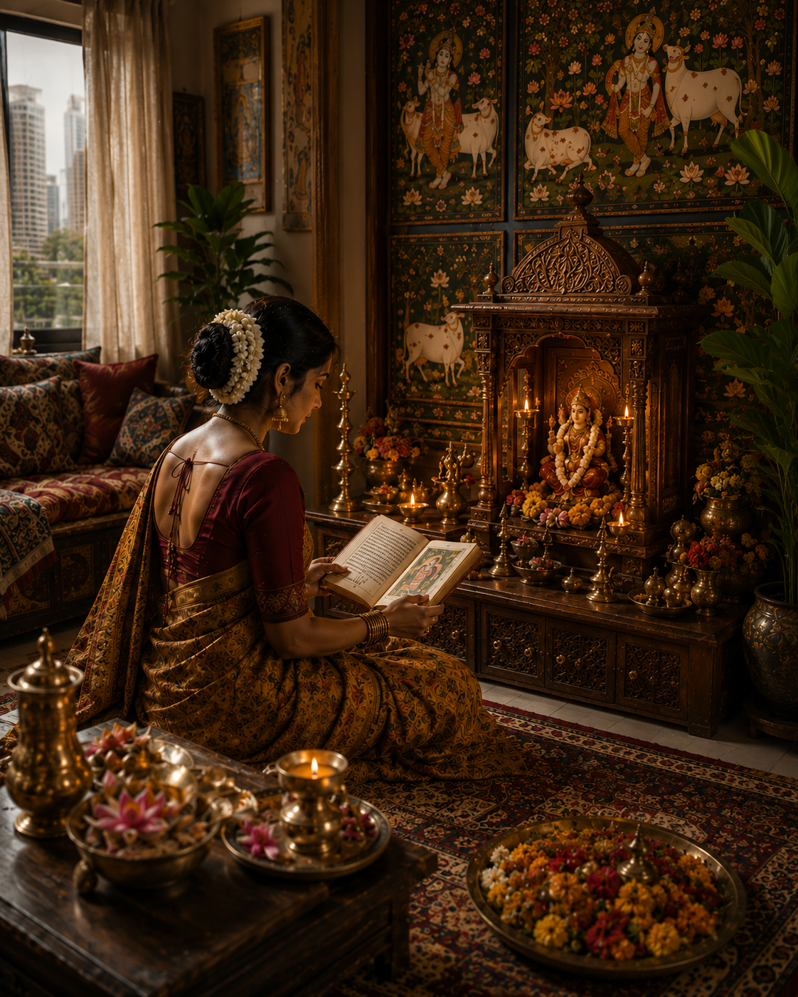 A woman reading near a home shrine surrounded by lamps and painted panels