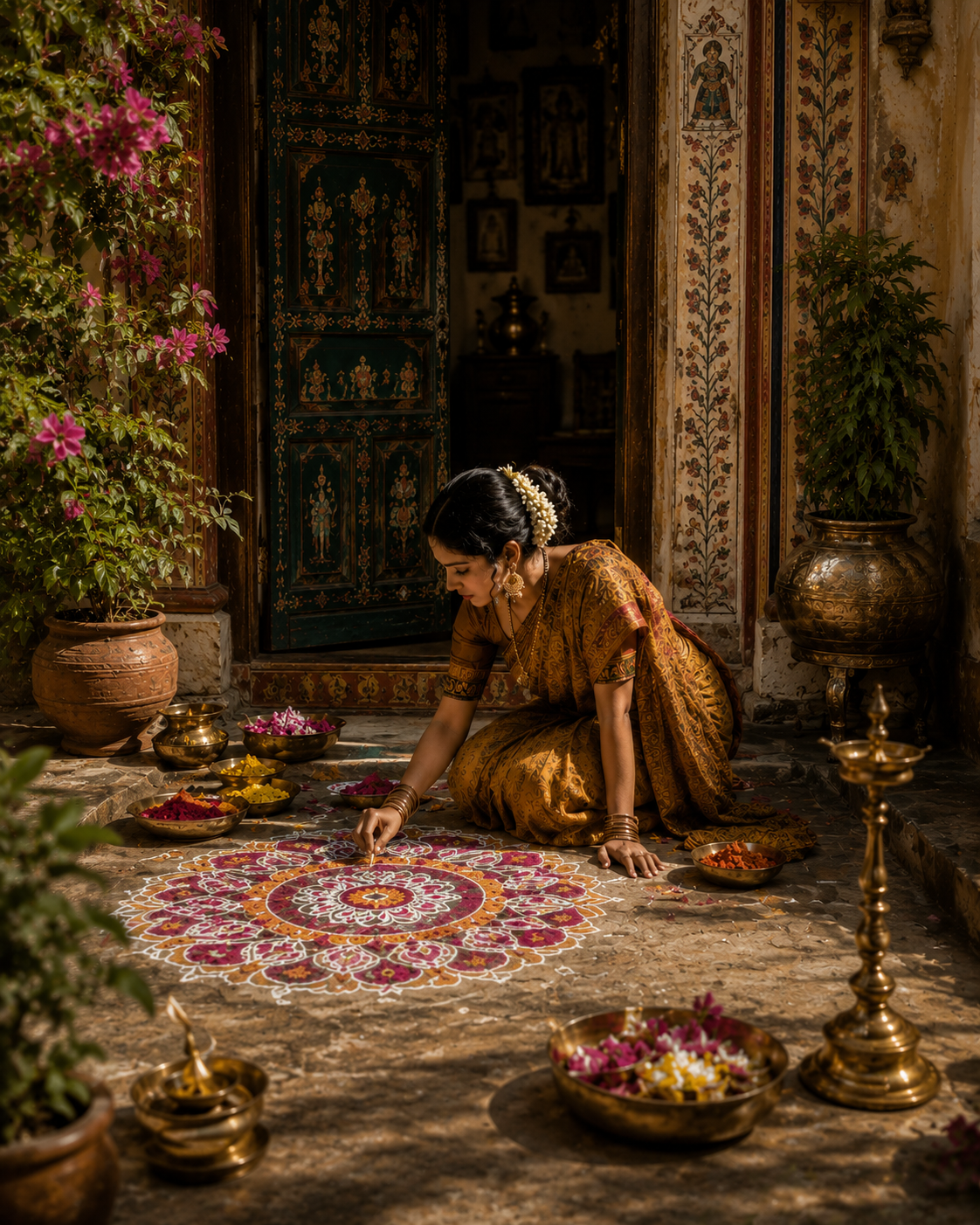 Rangoli being made in a traditional courtyard