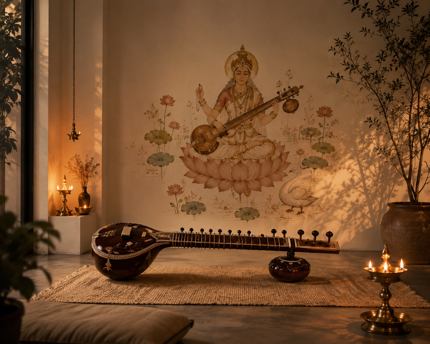 A veena placed beneath a painting of Saraswati in warm lamplight