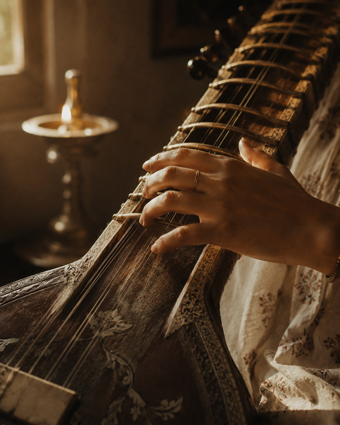 A sitar player's hand resting on the strings in warm lamplight