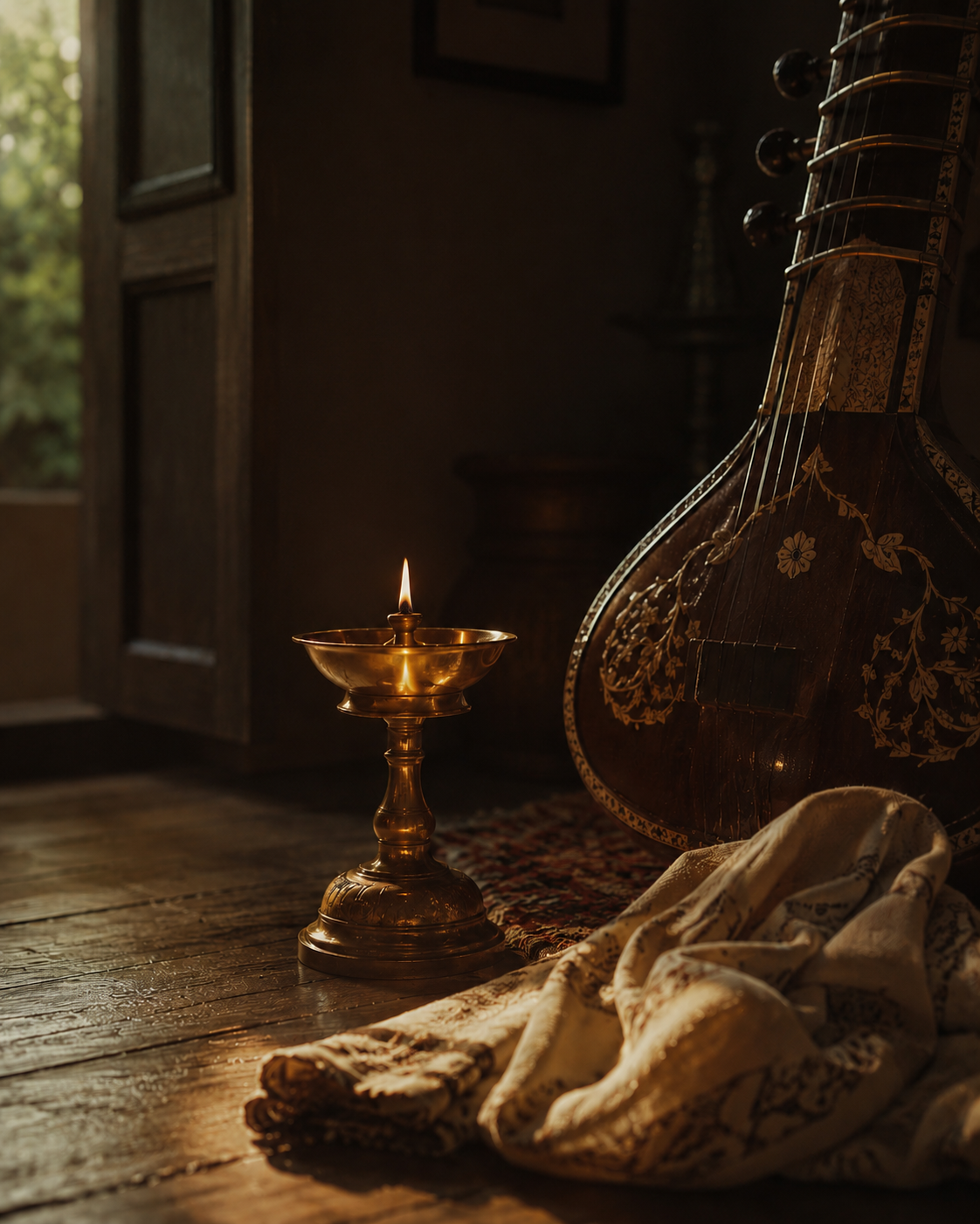 A sitar resting beside a brass lamp in warm morning light