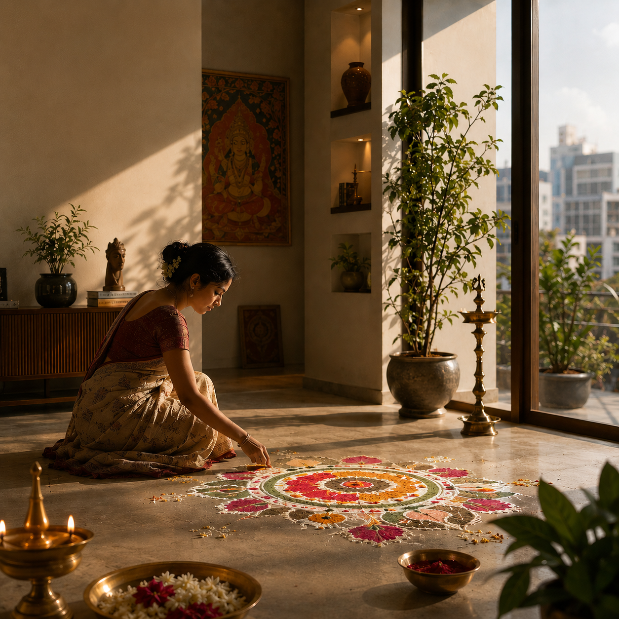 A sunlit room where a woman creates a rangoli on the floor